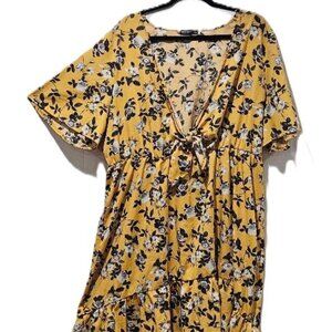 YELLOW W FLORAL V-NECK SHORT SLEEVE HIGH LOW MIDI DRESS TUNIC  4X cruise resort